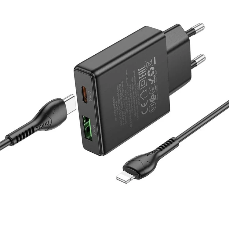Szybka ładowarka sieciowa Hoco N38 20W (USB-C PD + USB-A QC 3.0) + kabel USB-C do Lightning 1m – czarna