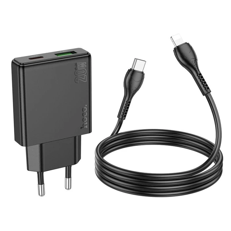 Szybka ładowarka sieciowa Hoco N38 20W (USB-C PD + USB-A QC 3.0) + kabel USB-C do Lightning 1m – czarna
