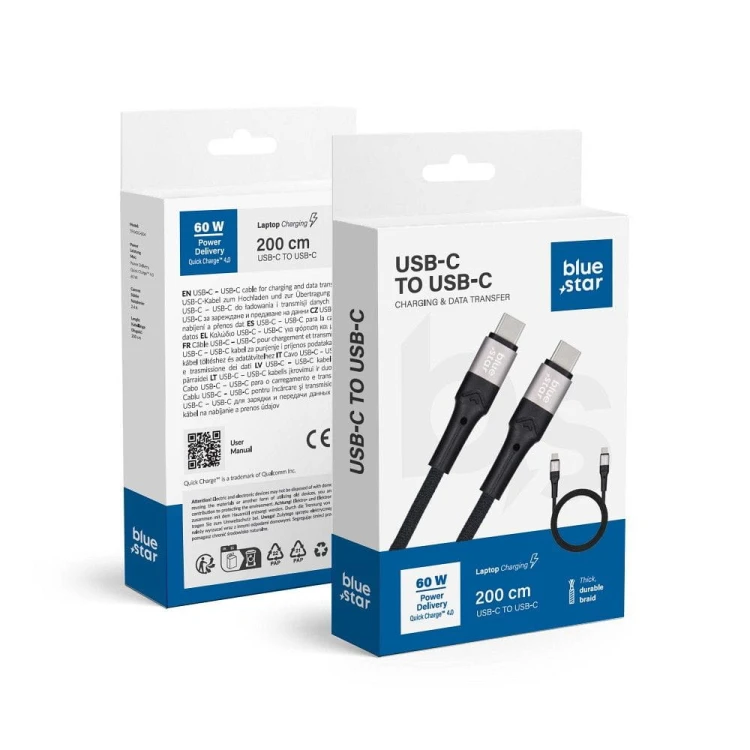 Kabel USB-C do USB-C Blue Star 60W PD QC4.0 Oplot 2m Czarny