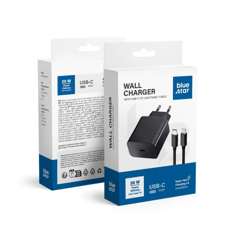 Ładowarka sieciowa Blue Star 20W USB-C PD QC4.0 Kabel Lightning Czarna