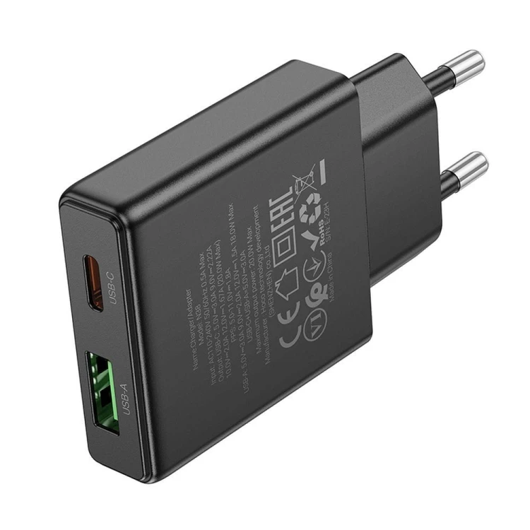 Szybka ładowarka sieciowa Hoco N38 20W (USB-C Power Delivery + USB-A Quick Charge) – czarna