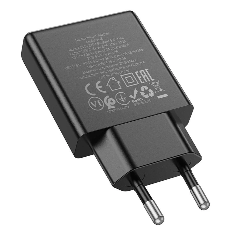 Szybka ładowarka sieciowa Hoco N38 20W (USB-C Power Delivery + USB-A Quick Charge) – czarna