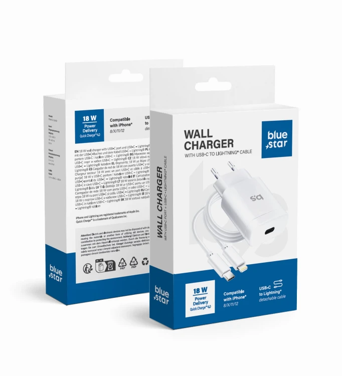zybka ładowarka sieciowa Blue Star 18W USB-C PD QC4.0 Kabel Lightning Biała