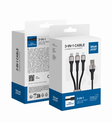Kabel 3w1 Blue Star USB-A do Lightning USB-C Micro 3A 1,2m Czarny