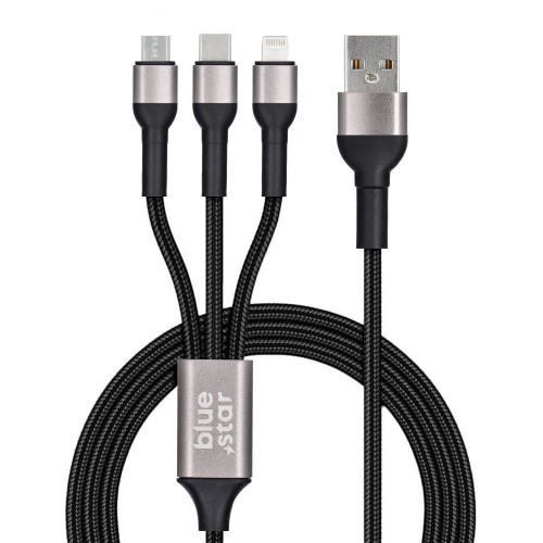 Kabel 3w1 Blue Star USB-A do Lightning USB-C Micro 3A 1,2m Czarny
