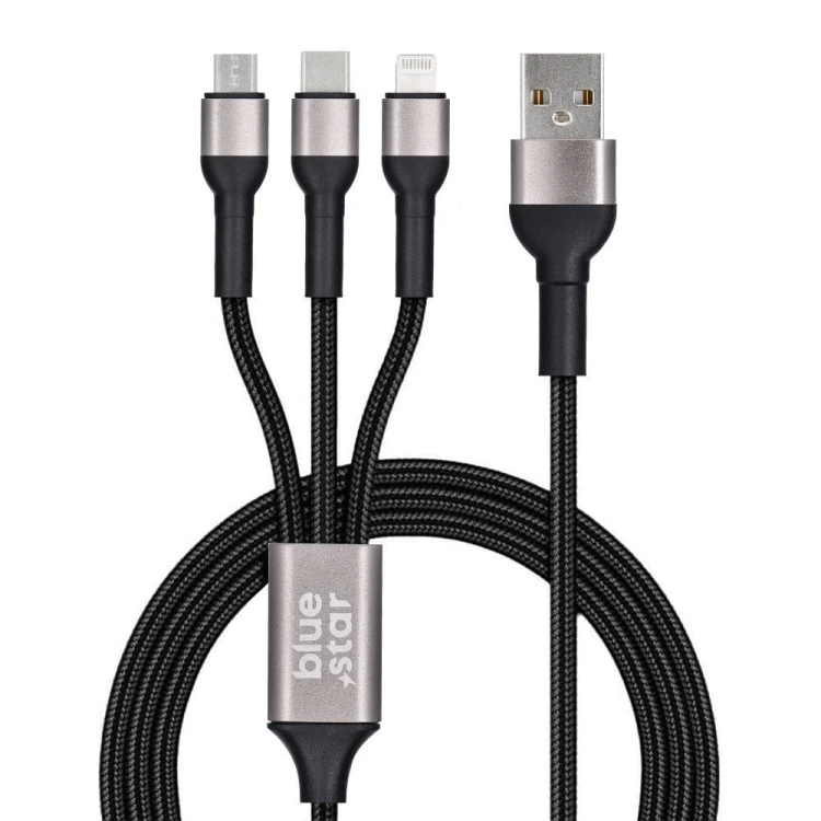 Kabel 3w1 Blue Star USB-A do Lightning USB-C Micro 3A 1,2m Czarny