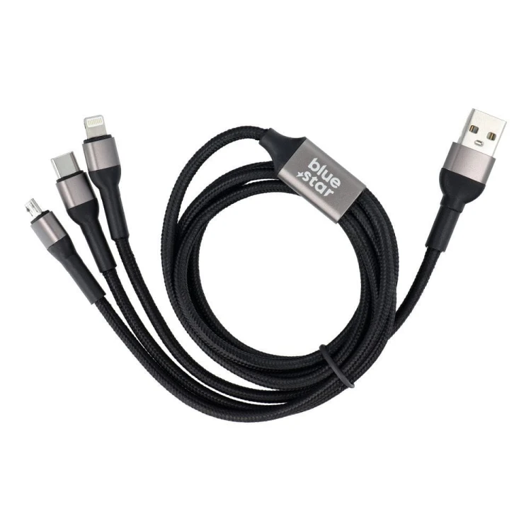 Kabel 3w1 Blue Star USB-A do Lightning USB-C Micro 3A 1,2m Czarny