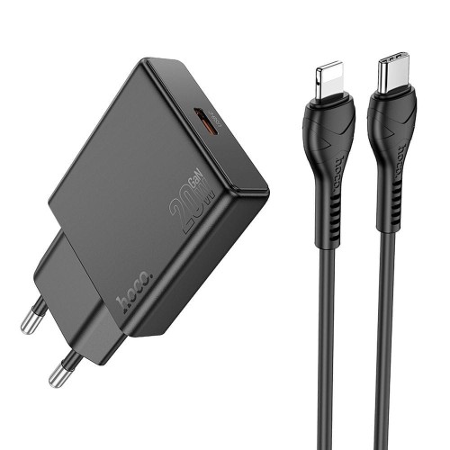 Płaska ładowarka sieciowa Hoco N37 Slim USB-C Power Delivery 20W + kabel Lightning 1m – czarna