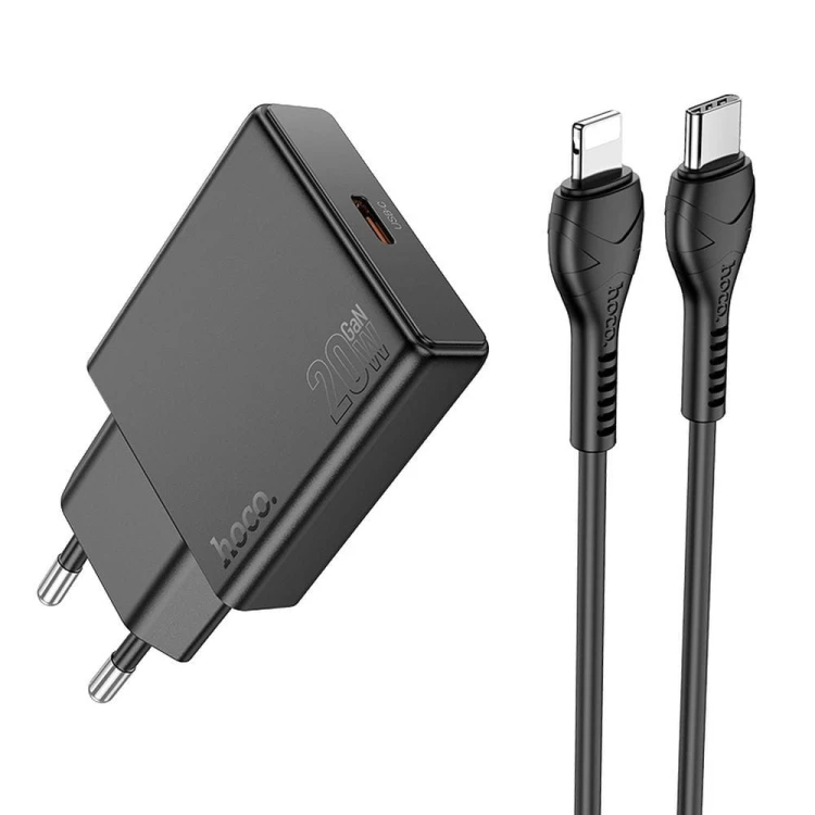 Płaska ładowarka sieciowa Hoco N37 Slim USB-C Power Delivery 20W + kabel Lightning 1m – czarna