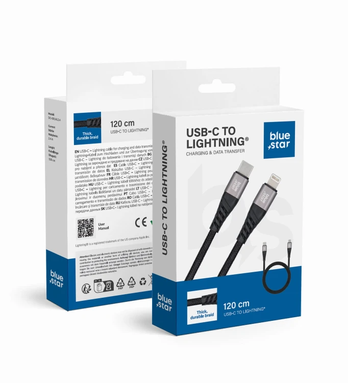 Kabel USB-C do Lightning Blue Star 2,4A Oplot 1,2m Czarny