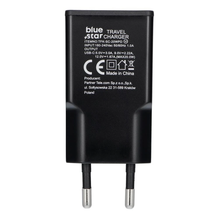 Ładowarka sieciowa Blue Star Slim GaN 20W USB-C PD QC4.0 Czarna