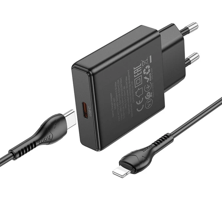 Płaska ładowarka sieciowa Hoco N37 Slim USB-C Power Delivery 20W + kabel Lightning 1m – czarna