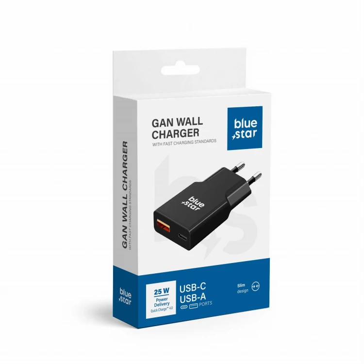 Ładowarka sieciowa Blue Star Slim GaN 25W USB-C USB-A PD QC4.0 Czarna