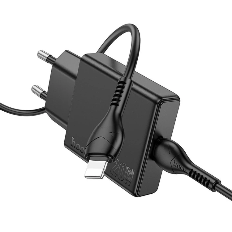 Płaska ładowarka sieciowa Hoco N37 Slim USB-C Power Delivery 20W + kabel Lightning 1m – czarna