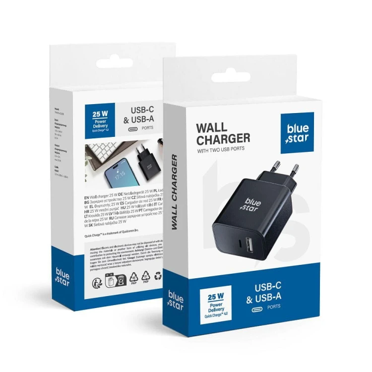 Ładowarka sieciowa Blue Star 25W USB-C USB-A PD QC4.0 Czarna TFB-TC-25WPD
