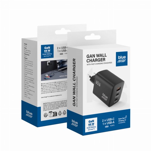 Ładowarka sieciowa Blue Star GaN 65W 2xUSB-C USB-A SFC2.0 PD Czarna