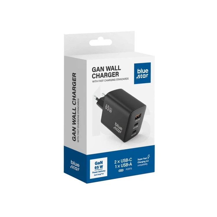 Ładowarka sieciowa Blue Star GaN 65W 2xUSB-C USB-A SFC2.0 PD Czarna