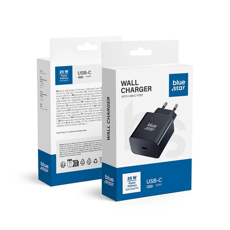 Ładowarka sieciowa Blue Star 25W USB-C PD QC4.0 AFC Czarna TFB-TC-25WPD