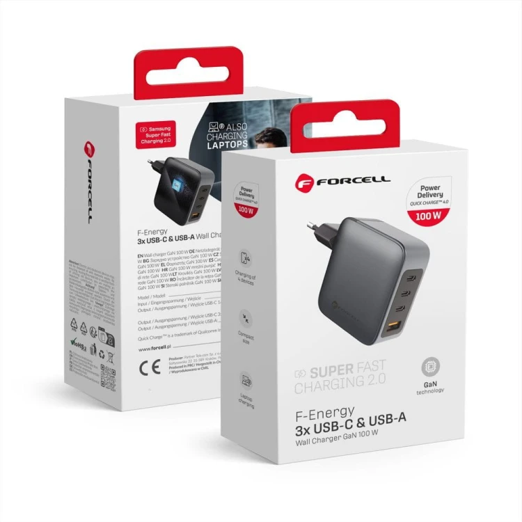 Szybka ładowarka sieciowa Forcell F-Energy GaN 100W – 3x USB-C / 1x USB-A – Szara (VT-46)
