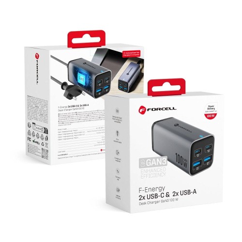 Szybka ładowarka biurkowa Forcell F-Energy GaN III 100W – 2x USB-C / 2x USB-A + Kabel 1,5 m – Szara (VT-49)