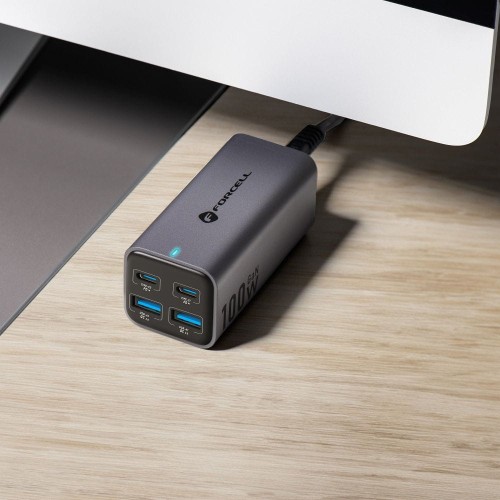 Szybka ładowarka biurkowa Forcell F-Energy GaN III 100W – 2x USB-C / 2x USB-A + Kabel 1,5 m – Szara (VT-49)