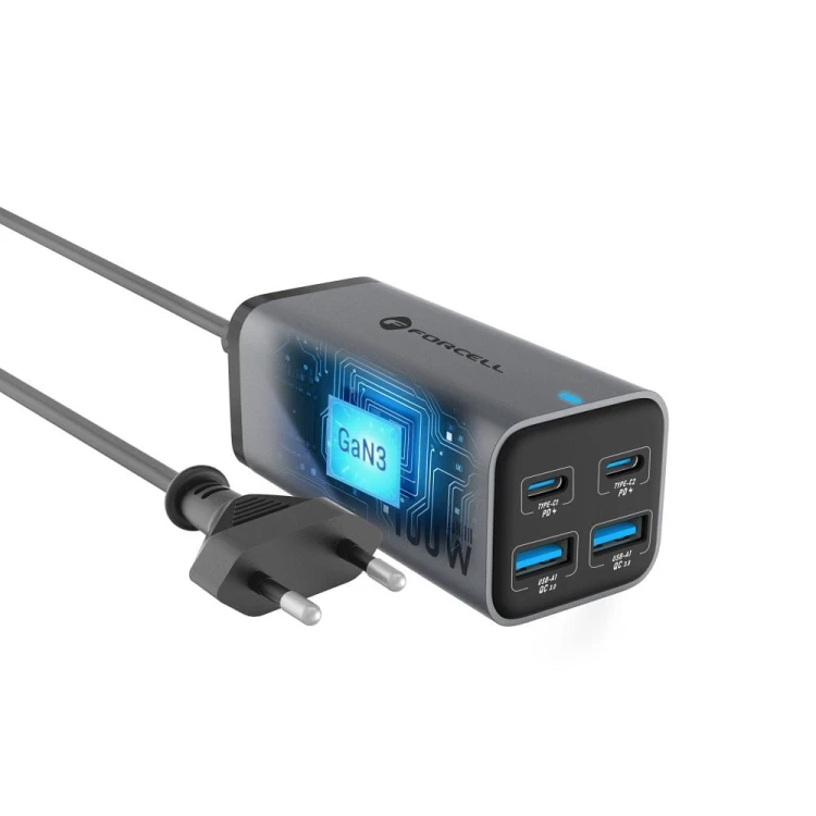 Szybka ładowarka biurkowa Forcell F-Energy GaN III 100W – 2x USB-C / 2x USB-A + Kabel 1,5 m – Szara (VT-49)
