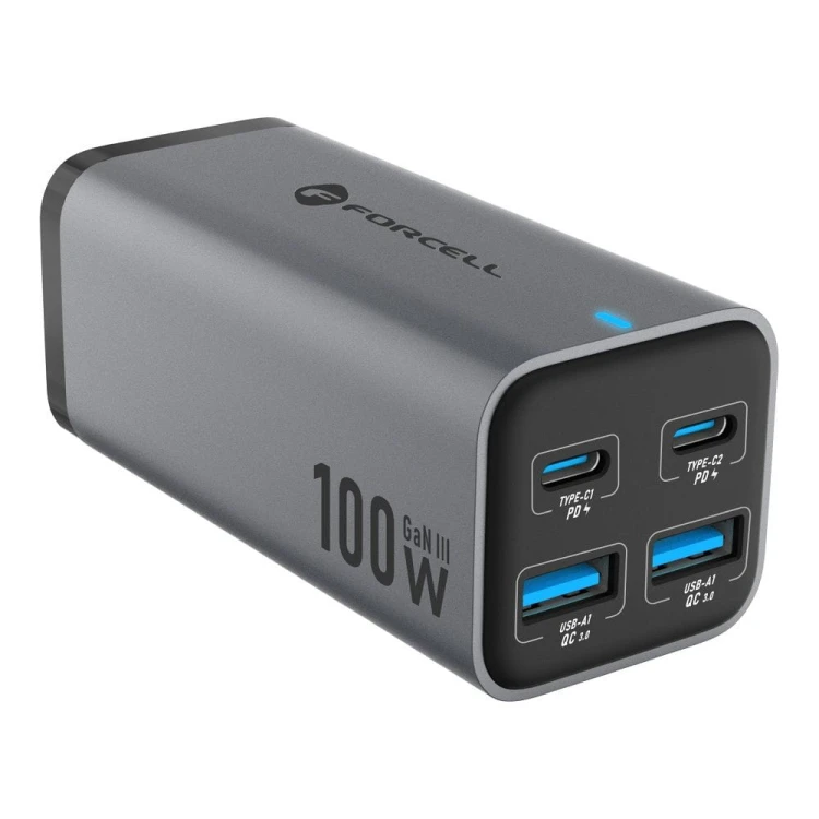Szybka ładowarka biurkowa Forcell F-Energy GaN III 100W – 2x USB-C / 2x USB-A + Kabel 1,5 m – Szara (VT-49)