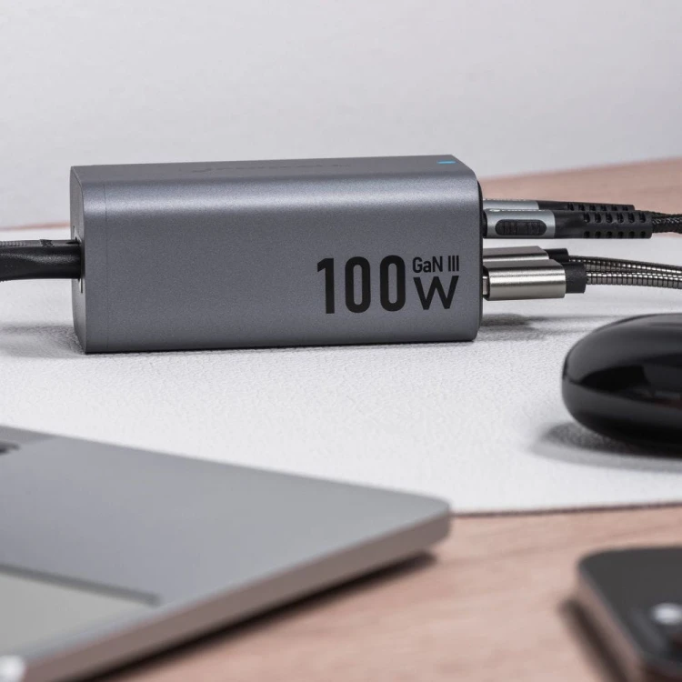 Szybka ładowarka biurkowa Forcell F-Energy GaN III 100W – 2x USB-C / 2x USB-A + Kabel 1,5 m – Szara (VT-49)