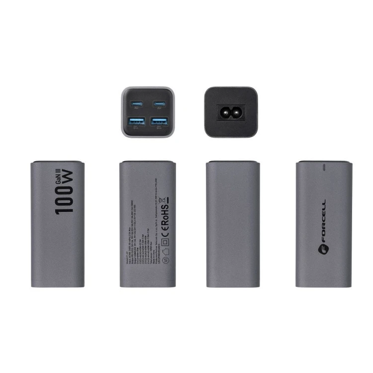 Szybka ładowarka biurkowa Forcell F-Energy GaN III 100W – 2x USB-C / 2x USB-A + Kabel 1,5 m – Szara (VT-49)