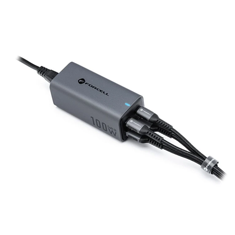 Szybka ładowarka biurkowa Forcell F-Energy GaN III 100W – 2x USB-C / 2x USB-A + Kabel 1,5 m – Szara (VT-49)