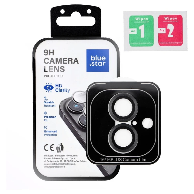 Szkło na aparat Blue Star Easy Install iPhone 16 / 16 Plus czarne