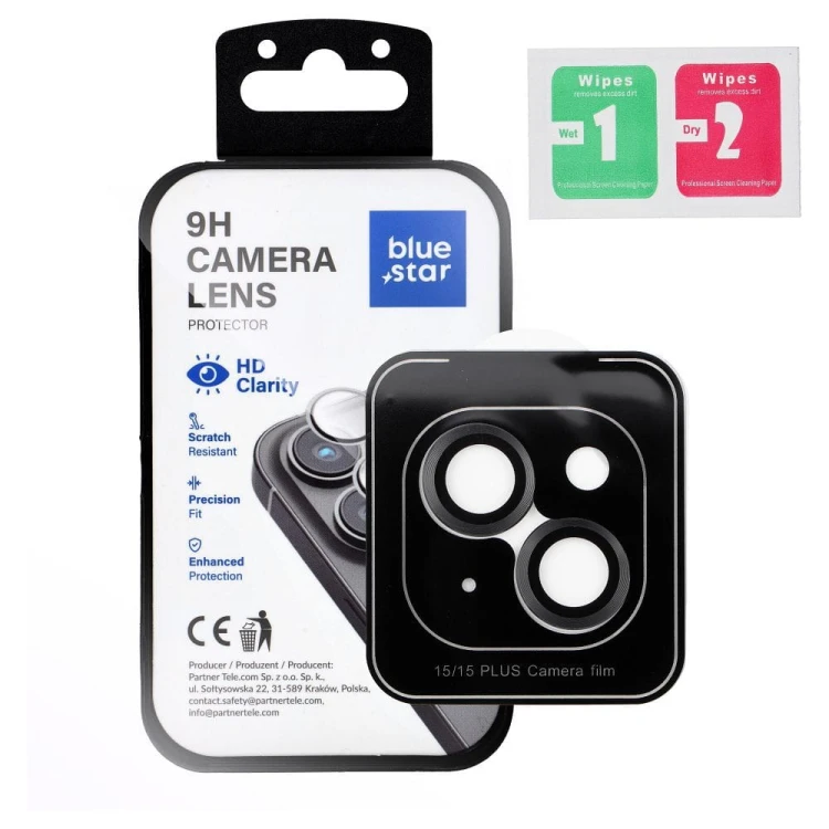 Szkło na aparat Blue Star Easy Install iPhone 15 / 15 Plus czarne