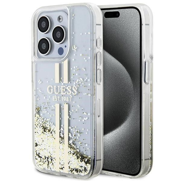 Etui Guess iPhone 15 Pro Liquid Glitter Gold Stripes - Złoty Pokrowiec
