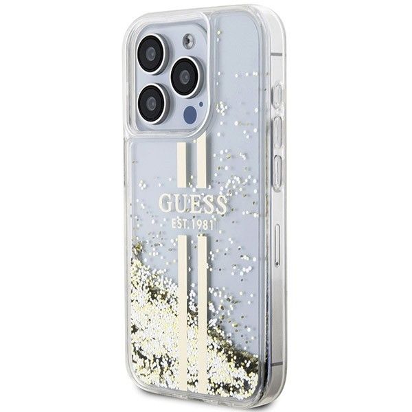 Etui Guess iPhone 15 Pro Liquid Glitter Gold Stripes - Złoty Pokrowiec