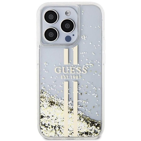 Etui Guess iPhone 15 Pro Liquid Glitter Gold Stripes - Złoty Pokrowiec