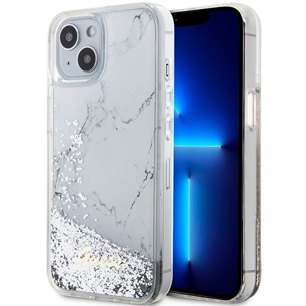 Etui Guess iPhone 13 / 14 / 15 Liquid Glitter Marble Białe - Pokrowiec