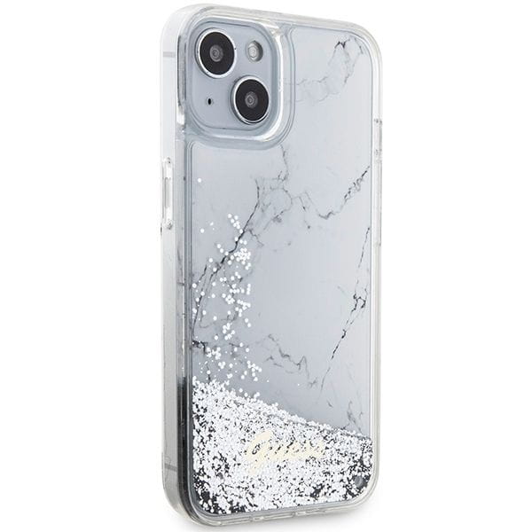 Etui Guess iPhone 13 / 14 / 15 Liquid Glitter Marble Białe - Pokrowiec