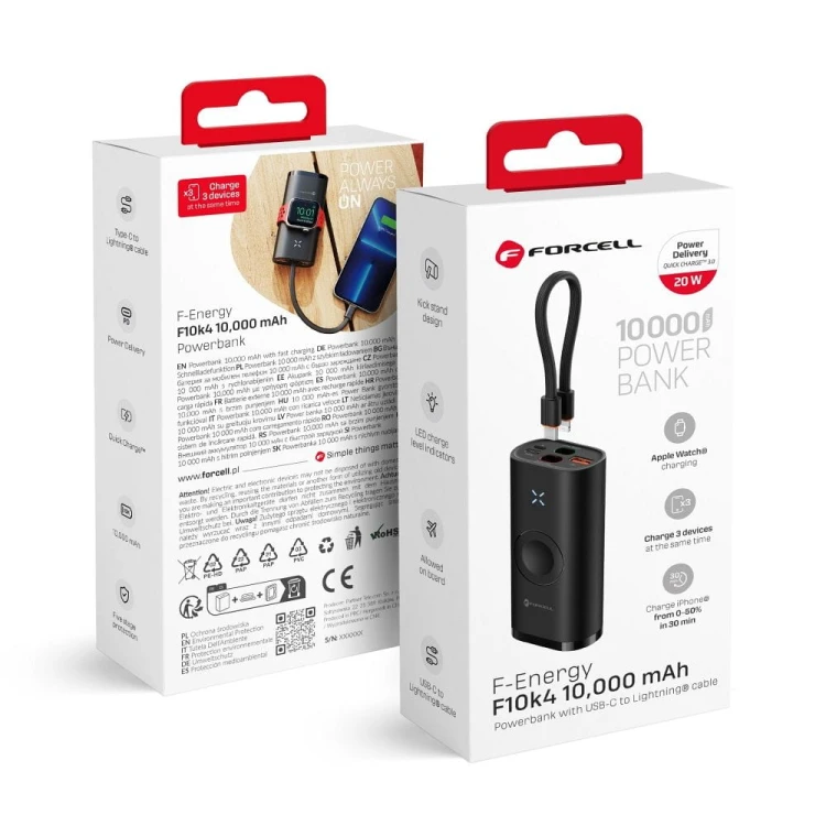 Multifunkcyjny powerbank 5w1 Forcell F-Energy F10K4 10000 mAh PD 20W / QC 22.5W z ładowarką Apple Watch – Czarny