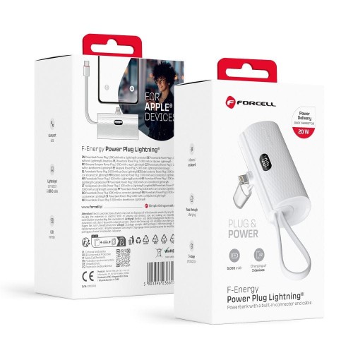 Kieszonkowy powerbank ze złączem Lightning Forcell F-Energy Power Plug F5K3 5000 mAh PD 20W – Biały