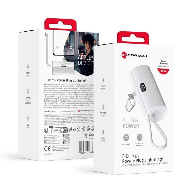 Kieszonkowy powerbank ze złączem Lightning Forcell F-Energy Power Plug F5K3 5000 mAh PD 20W – Biały