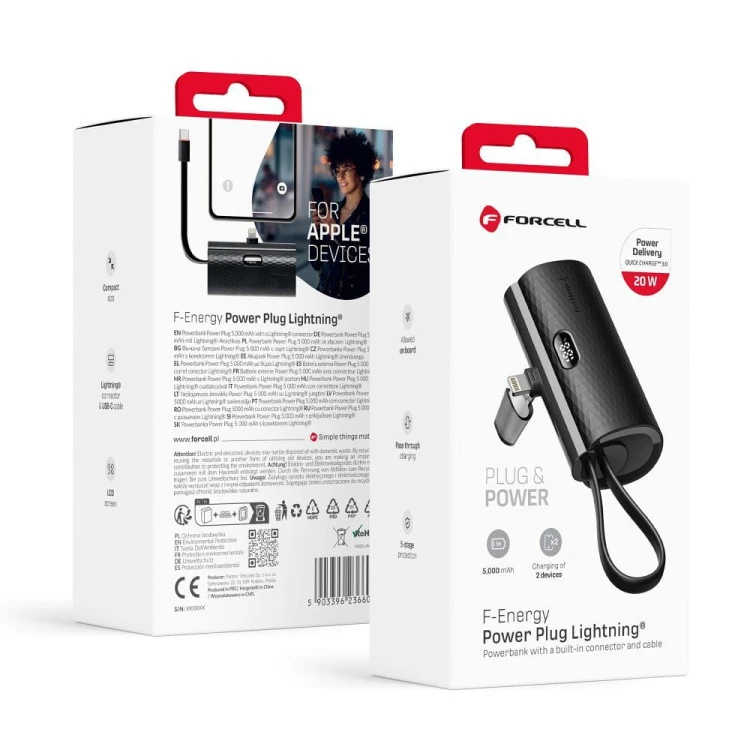 Kieszonkowy powerbank ze złączem Lightning Forcell F-Energy Power Plug F5K3 5000 mAh PD 20W – Czarny