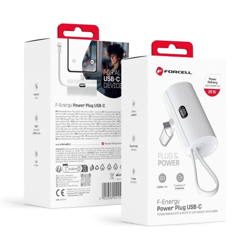 Kieszonkowy powerbank ze złączem USB-C Forcell F-Energy Power Plug F5K3 5000 mAh PD 20W – Biały