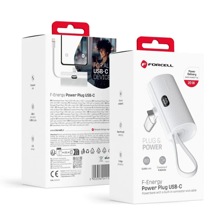 Kieszonkowy powerbank ze złączem USB-C Forcell F-Energy Power Plug F5K3 5000 mAh PD 20W – Biały