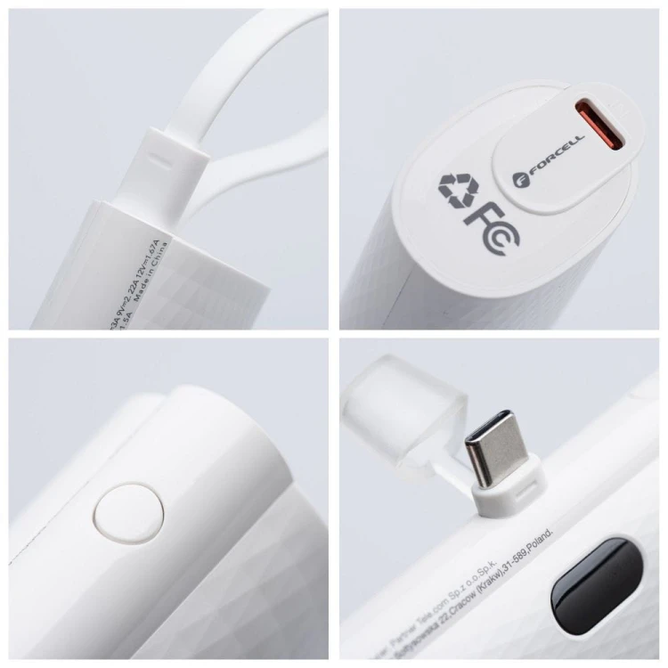 Kieszonkowy powerbank ze złączem USB-C Forcell F-Energy Power Plug F5K3 5000 mAh PD 20W – Biały