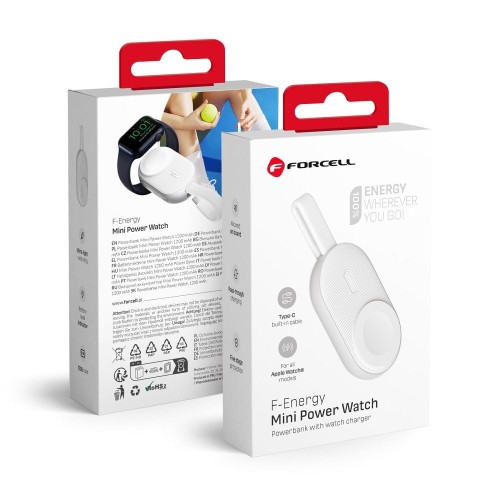 Kompaktowy powerbank do Apple Watch Forcell F-Energy Mini Power Watch 1200 mAh z kablem USB-C – Biały