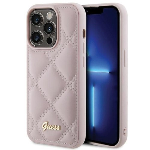 Etui Guess iPhone 15 Pro Quilted Metal Logo Różowe - Pikowany Pokrowiec