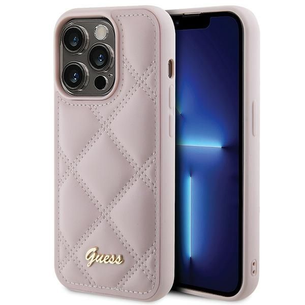 Etui Guess iPhone 15 Pro Quilted Metal Logo Różowe - Pikowany Pokrowiec