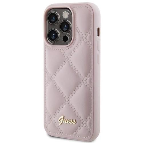 Etui Guess iPhone 15 Pro Quilted Metal Logo Różowe - Pikowany Pokrowiec