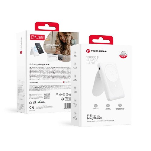 Powerbank z MagSafe i podpórką Forcell F-Energy MagStand F10K2 10000 mAh PD 20W QC 3.0 – Biały
