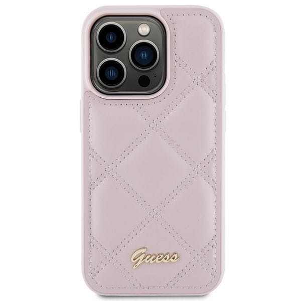 Etui Guess iPhone 15 Pro Quilted Metal Logo Różowe - Pikowany Pokrowiec